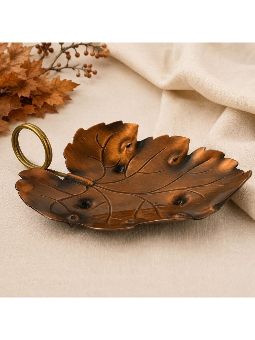 Coppercraft Guild Copper Leaf Dish VTG Rustic Finger Loop Handle USA Trinket